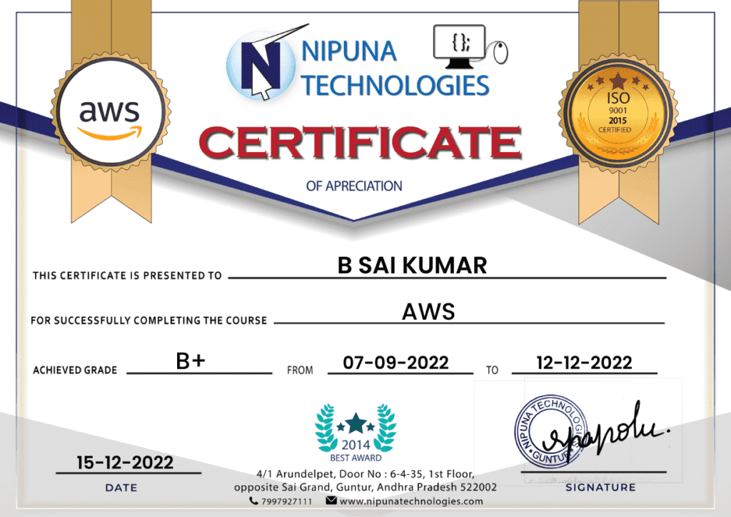 AWS course completion certificate