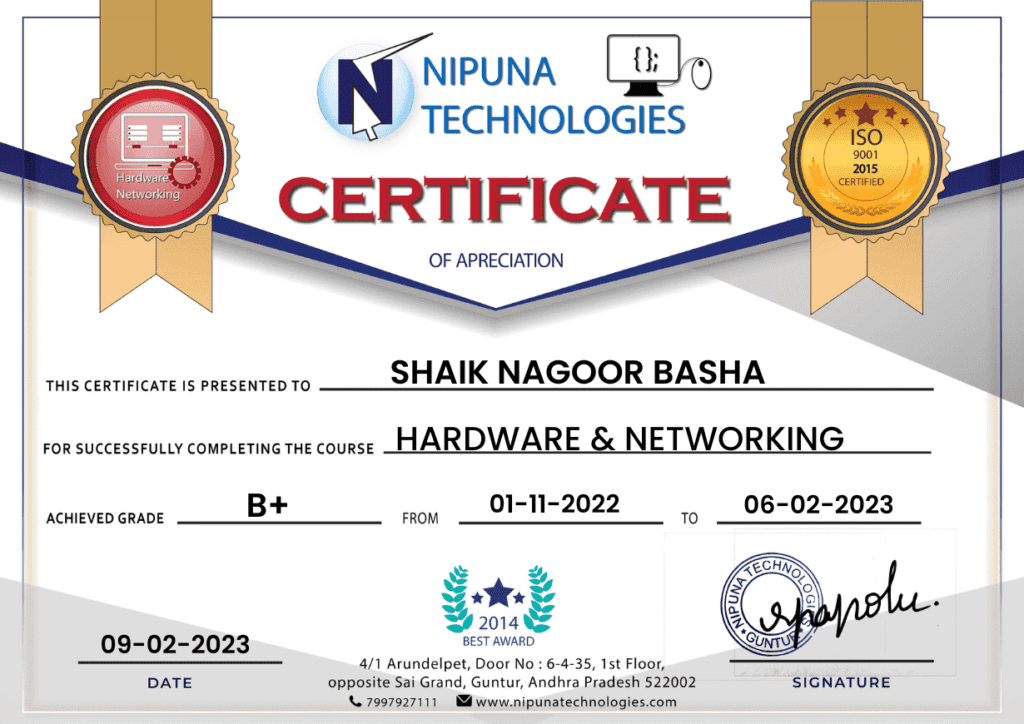 Hardware & networking course completion certificate