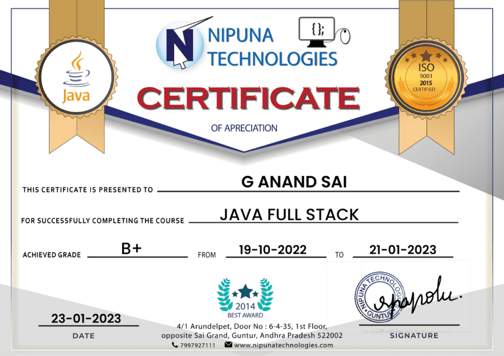 Java Full Stack course completion certificate