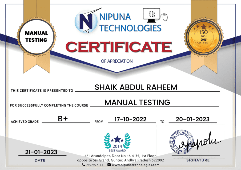 Manual testing course completion certificate
