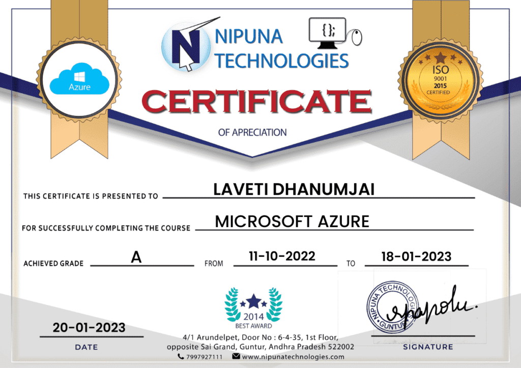 Microsoft Azure course completion certificate
