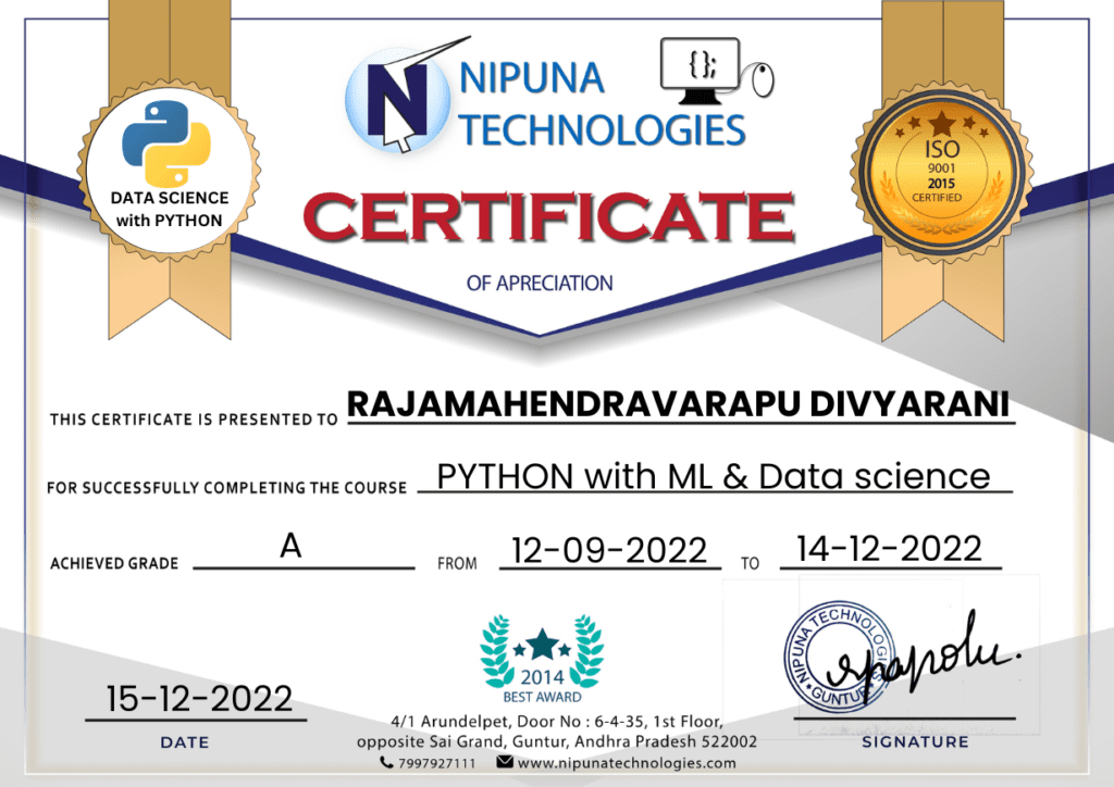 Python with ML & Data science Course Completion Certificate