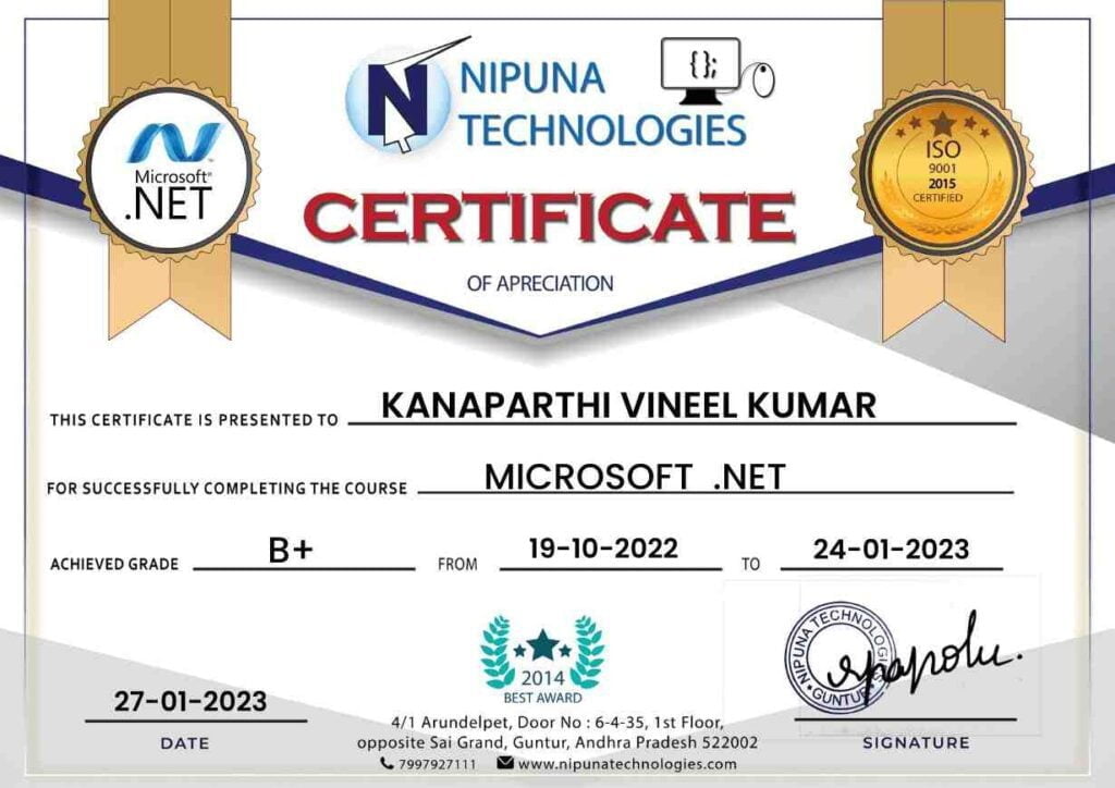Dot net course completion certificate