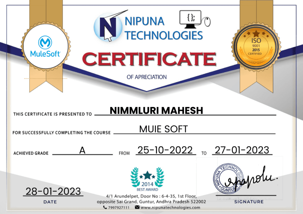 Mule Soft Course completion certificate