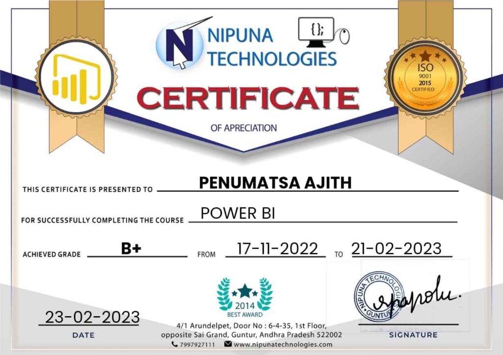PowerBi course completion certificate
