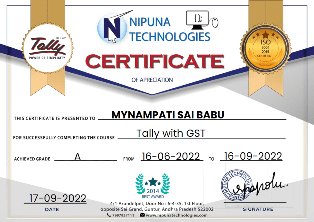 Tally with GST Training Completion Certificate